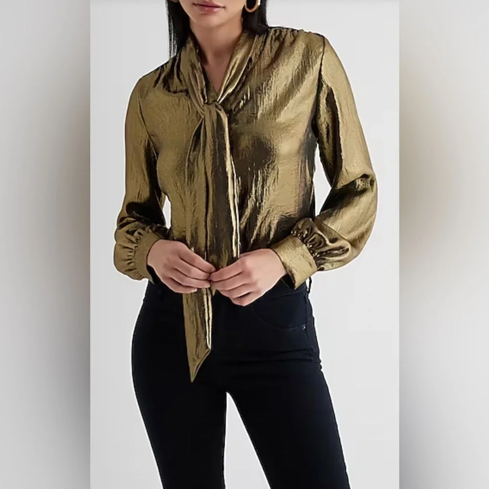NWT EXPRESS Metallic Relaxed Tie Neck Portofino Shirt